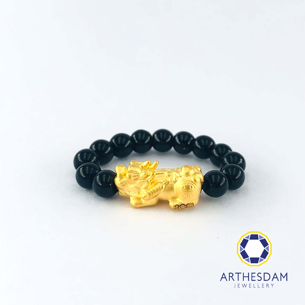 Arthesdam Jewellery 999 Gold Prosperity Pixiu Obsidian Quartz Ring (4mm beads)